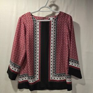 Dalia Collection Red Black White Geometric Print Tunic Blouse S P